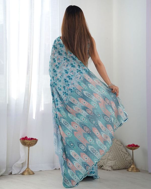 Blue Designer Digital Printed & Mirror Cut Work Chinon Saree