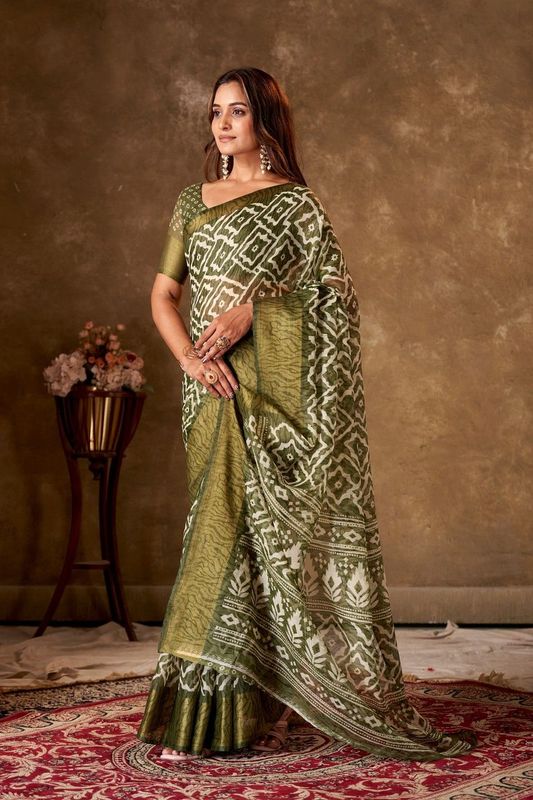Olive Cotton Printed Saree and Stitched Olive Blouse