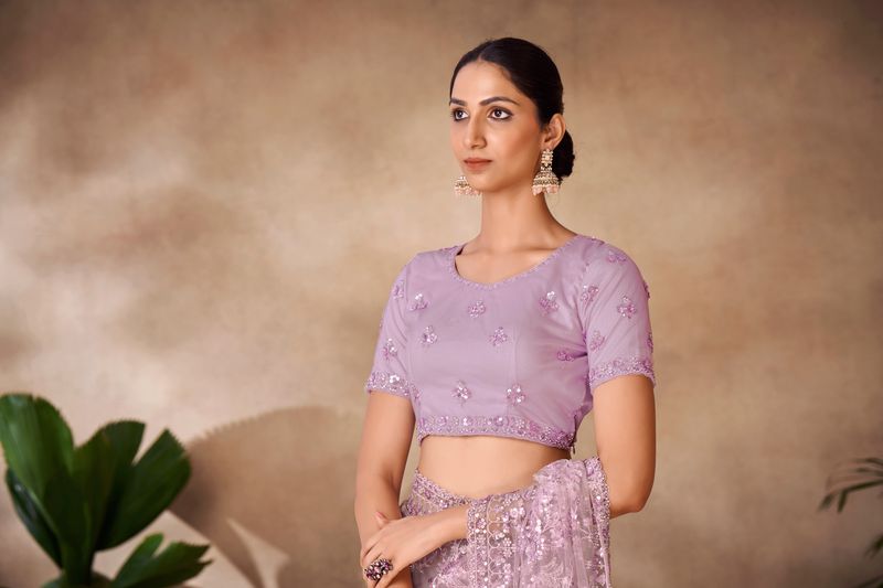 Lilac Thread & Sequance Embroidery & Zarkan Work Net Saree