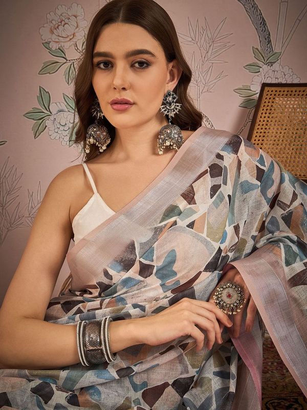 Mauve Color Digital Printed Designer Linen Fabric Graceful Saree