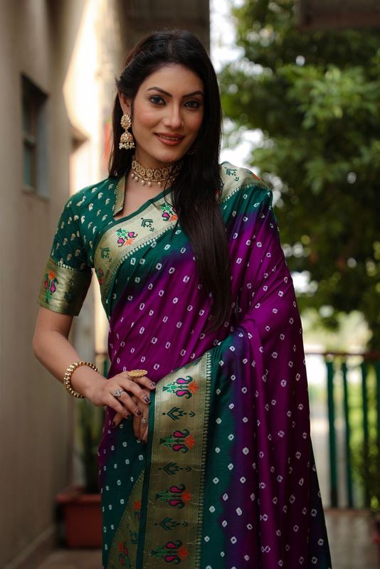 Purple Color Dola Silk Fabric Wevon Paithani Designer Saree With Traditional Bandhej Print