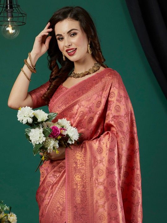 Peach Kanjeevaram Woven Saree With Tassels on Pallu and Stitched Peach Blouse