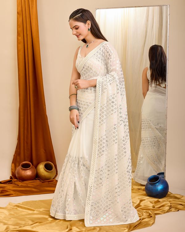 Cream Designer Sequance Embroidery Work Georgette Saree