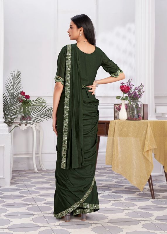 Olive Designer Sequance Embroidery & Hand Work Shimmer Georgette Saree