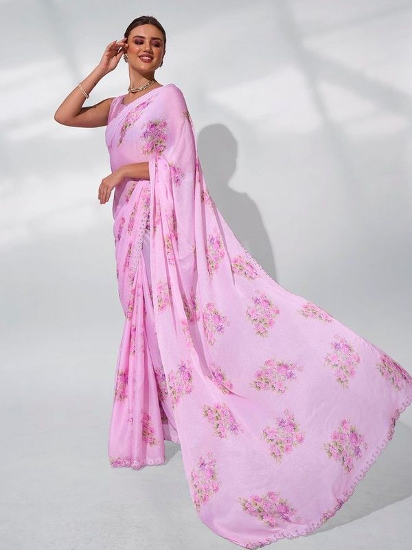 Pink Color Satin Shimmer Fabric Designer Printed Graceful Bollywood Style Party Saree
