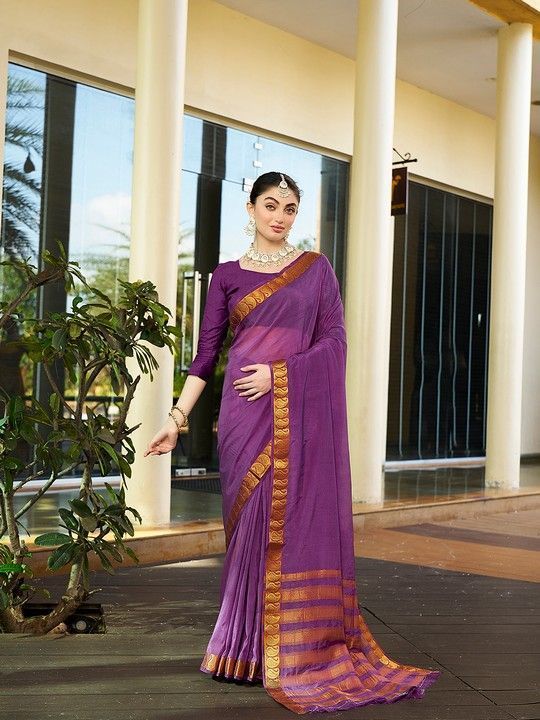 Purple Crepe Woven Saree and Stitched Purple Blouse
