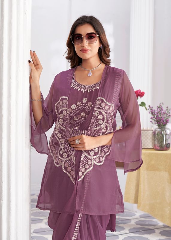 Wine Designer Sequance Embroidery & Hand Work Organza Saree