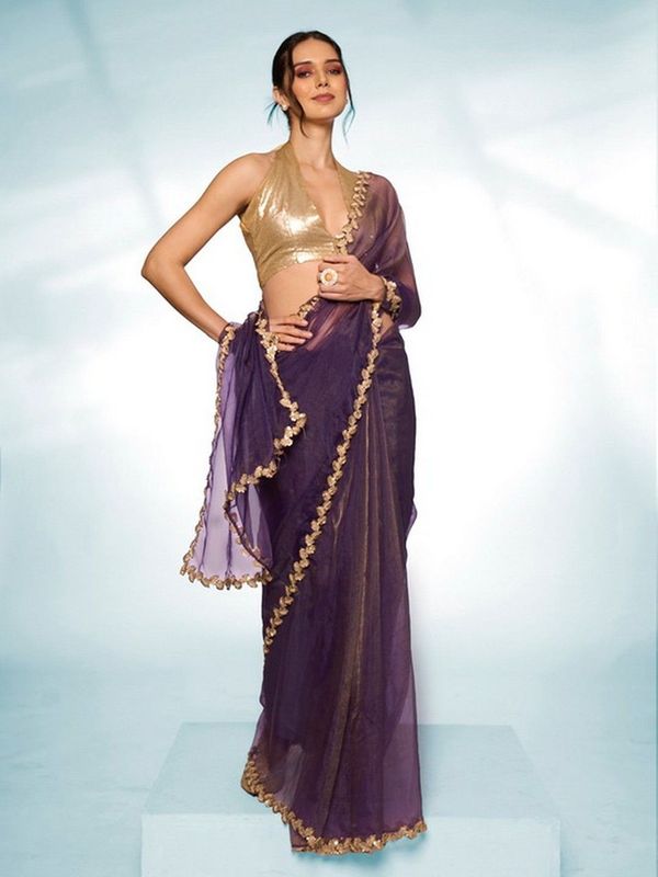 Glamorous Purple Color Tissue Fabric Trendy Designer Bollywood Saree