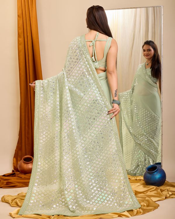 Pista Designer Sequance Embroidery Work Georgette Saree