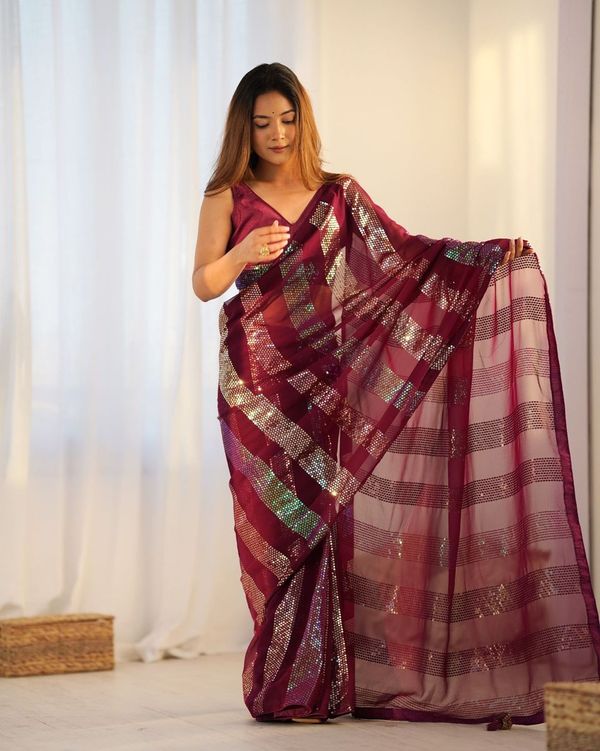 Maroon Designer Sequance Embroidery Work Georgette Saree