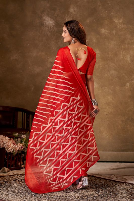 Orange Cotton Leheriya Saree and Stitched Orange Blouse