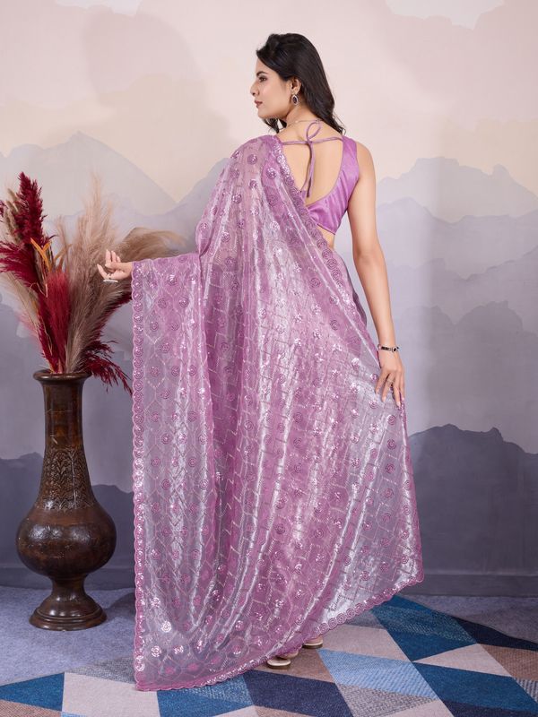 Purple Twill Net Designer Sequins Embroidery Work Glamorous Partywear Saree