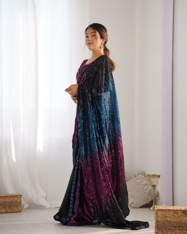Black Designer Sequance Embroidery Work Georgette Saree