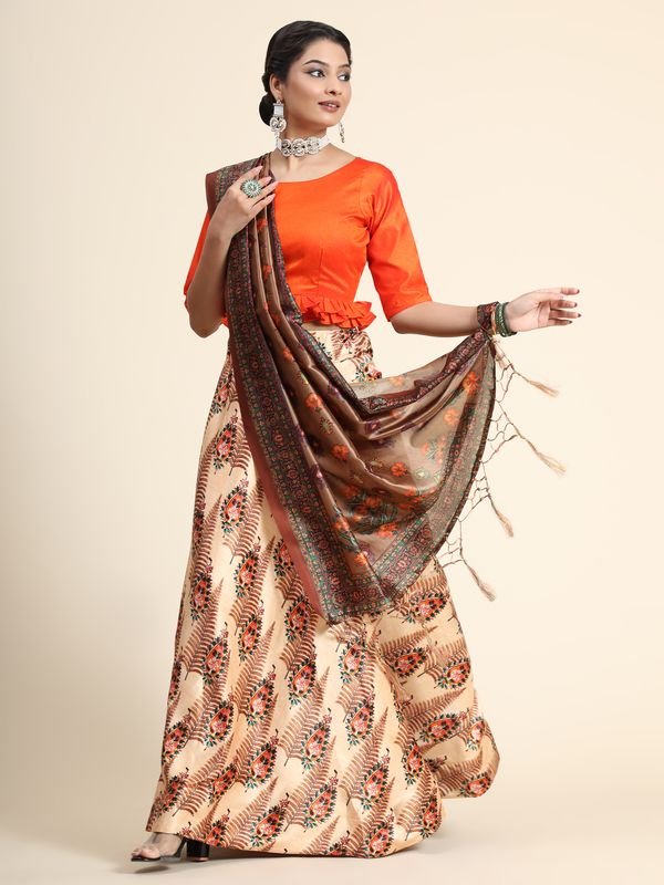Digital Print Satin Silk Fabric Stitched Lehenga Choli With Jequared Blouse and Assami Silk Thread Work Dupatta For Women and Girls In Festive Party And Traditional Wear
