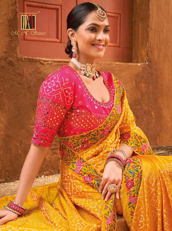 Musturd Wevon Designer & Real Mirror & Diamond & Kachhi Work Banaras Silk Saree