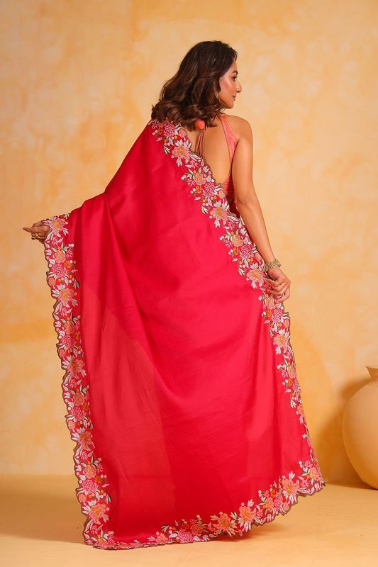 Red Designer Viscose Thresd Embroidery Work Tusser Silk Saree