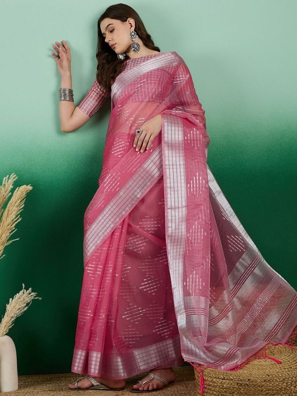 Pink Wevon Jacquard Designer Khadi Organza Saree