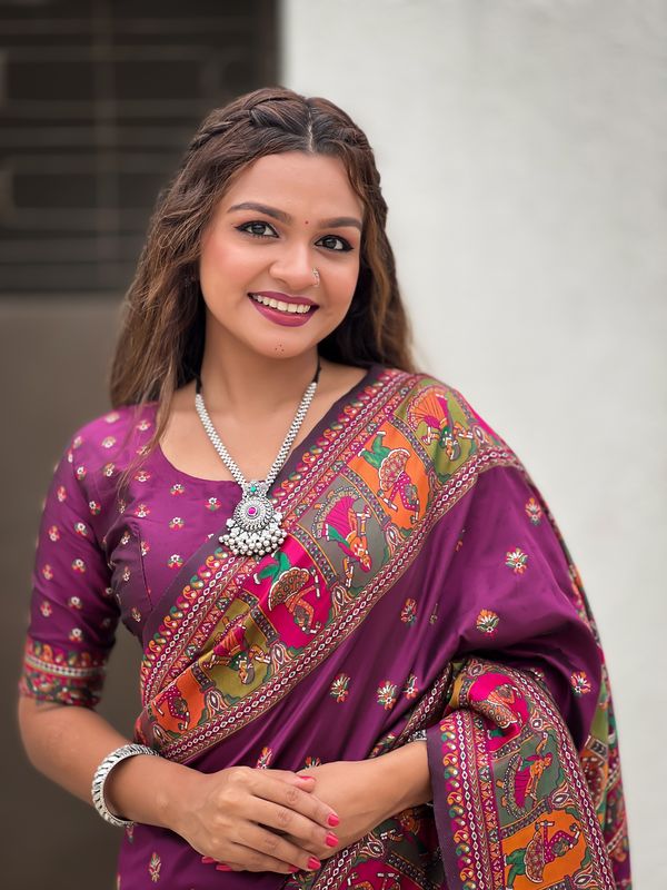 Purple Pashmina Silk Wevon Kashmiri Meenakari Designer Ethnic Indian Rich Looks Saree