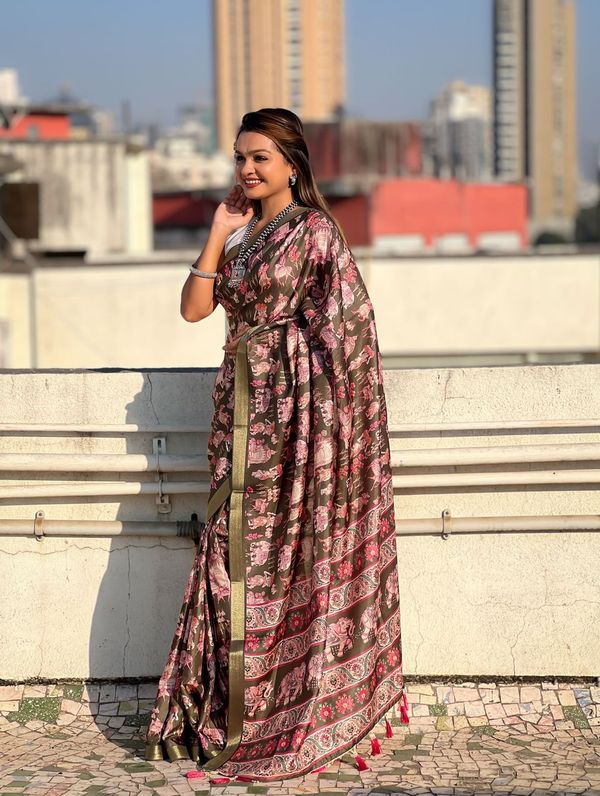 Green Wevon Jari Border & Designer Digital Printed Tussar Silk Saree