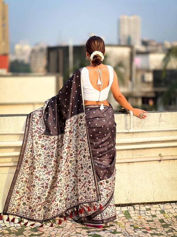 Black Designer Kalankari Floral Printed Katki Silk Saree