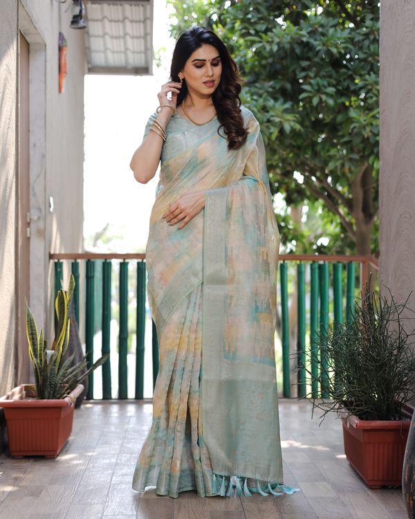 Sea Green Wevon Designer & Digital Printed Soft Silk Saree