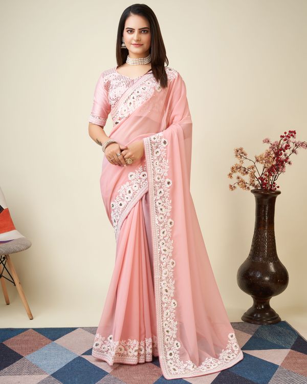 Pink Designer Embroidery Work Georgette Saree