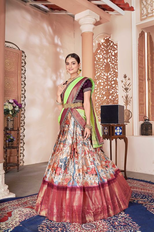 Multi Lichi Silk Printed & Jacquard Work Lehenga
