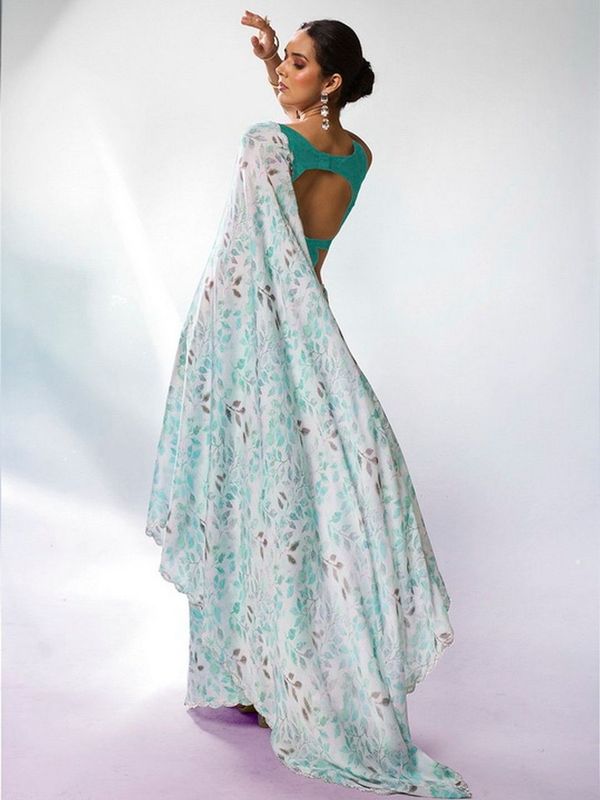 Sea Green Color Satin Georgette Fabric Designer Printed Graceful Bollywood Style Party Saree
