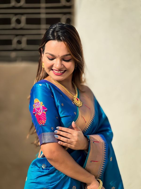 Blue Wevon Paithani Vitthala Designer Soft Silk Saree