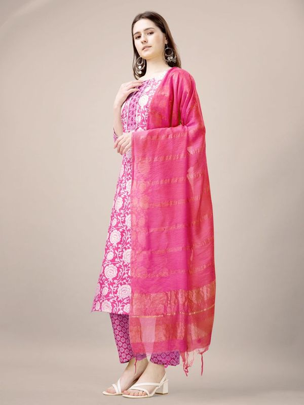 Pink Color Rayon Fabric Designer Printed Readymade Suits With Smart Embroidery Work