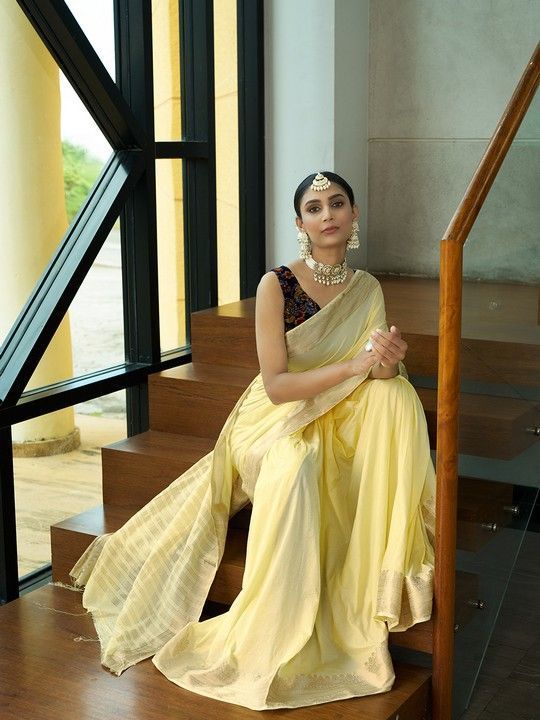Lemon Crepe Woven Saree and Stitched Lemon Blouse
