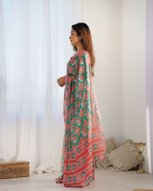 Green Designer Digital Printed & Mirror Cut Work Chinon Saree