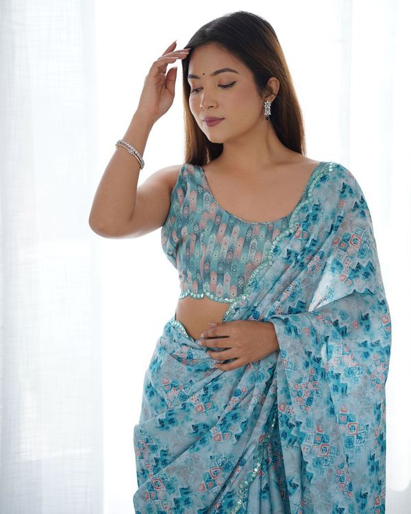 Blue Designer Digital Printed & Mirror Cut Work Chinon Saree