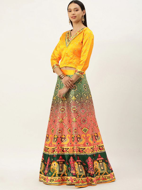 Ethnic Motifs Digital Print Shiney Satin Croptop Lehenga Choli With Blouse For Women and Girls