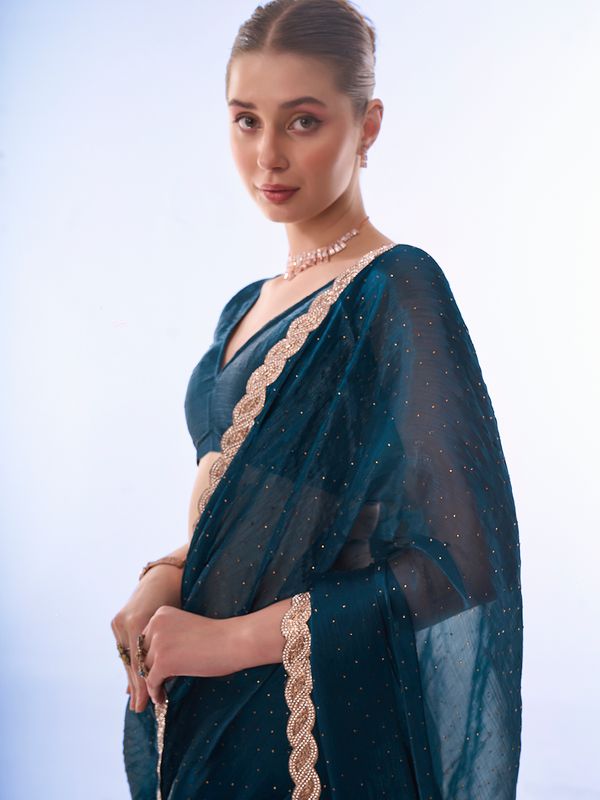 Teal Blue Designer Work Lace Border & Swarovski Work Burburry Saree