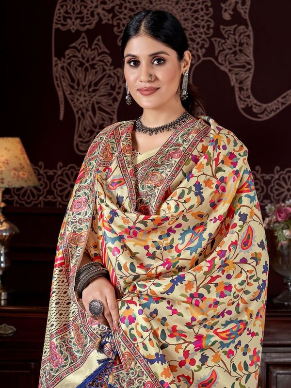 Yellow Color Beautiful Designer Digital Printed Pashmina Saree With Shawl