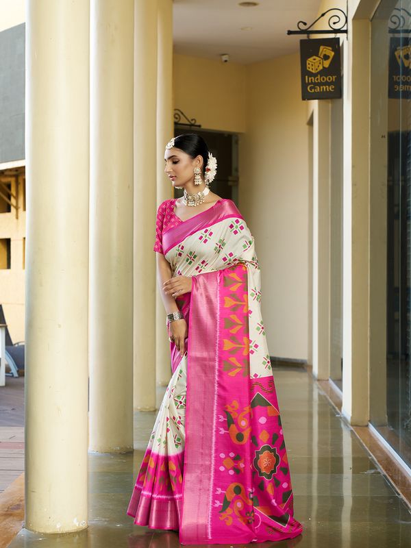 Cream Wevon Patta Designer & Digitl Printed Crepe Saree