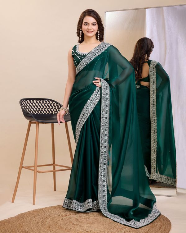 Teal Heavy Embroidery Work Lace & Blouse Jimmy Chau Silk Saree