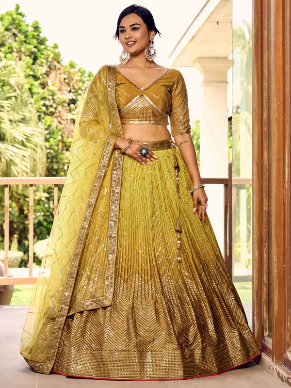 Yellow Women's Chinon Embroidery Lehenga Choli