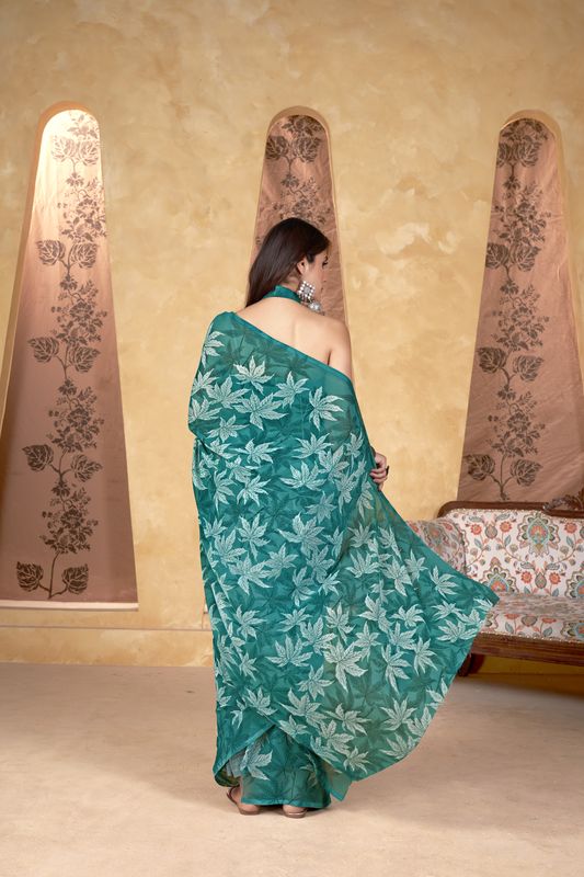 Sea Green Designer Printed Weight Less Saree