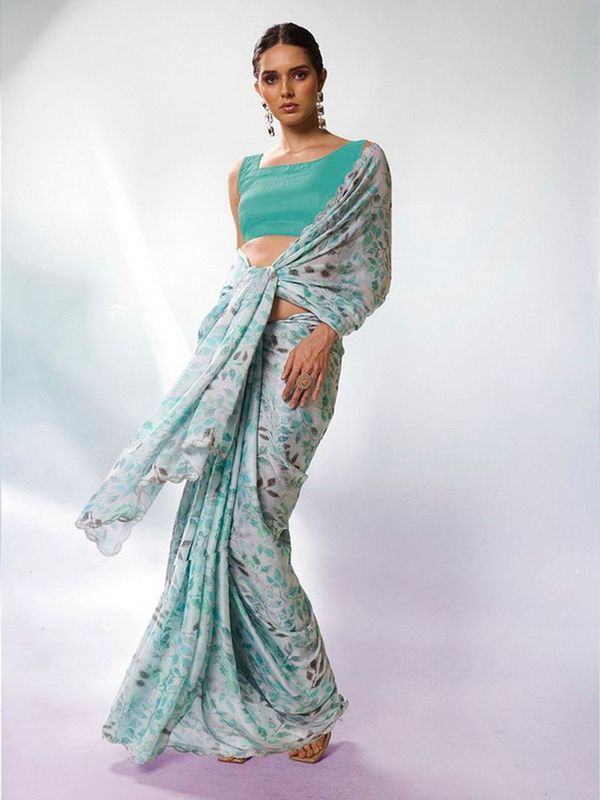 Sea Green Color Satin Georgette Fabric Designer Printed Graceful Bollywood Style Party Saree