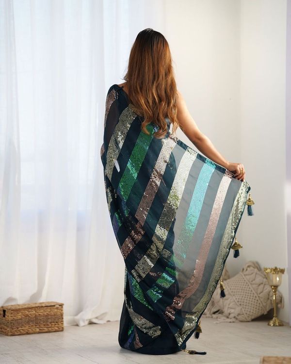 Teal Blue Designer Sequance Embroidery Work Georgette Saree