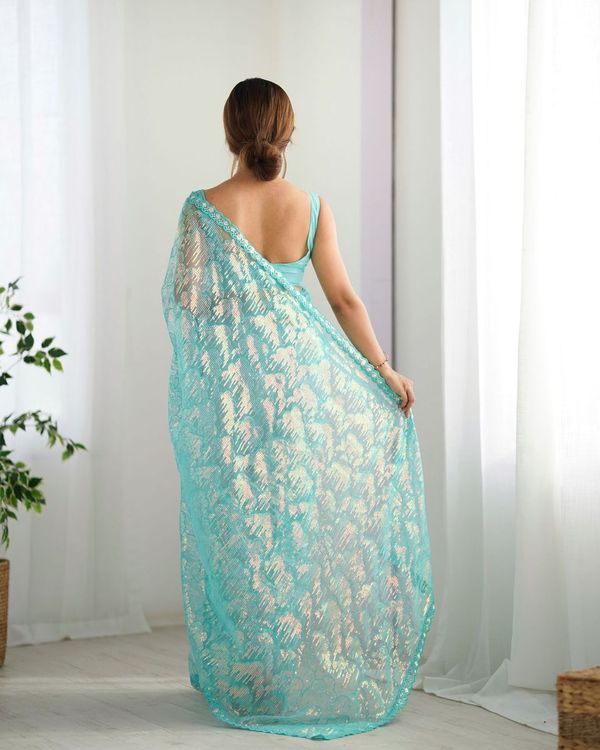 Sky Blue Heavy Sequance Embroidery Work Mono Net Saree