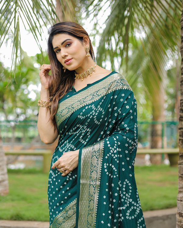 Green Wevon Designer & Hand Bandhej Dola Silk Saree