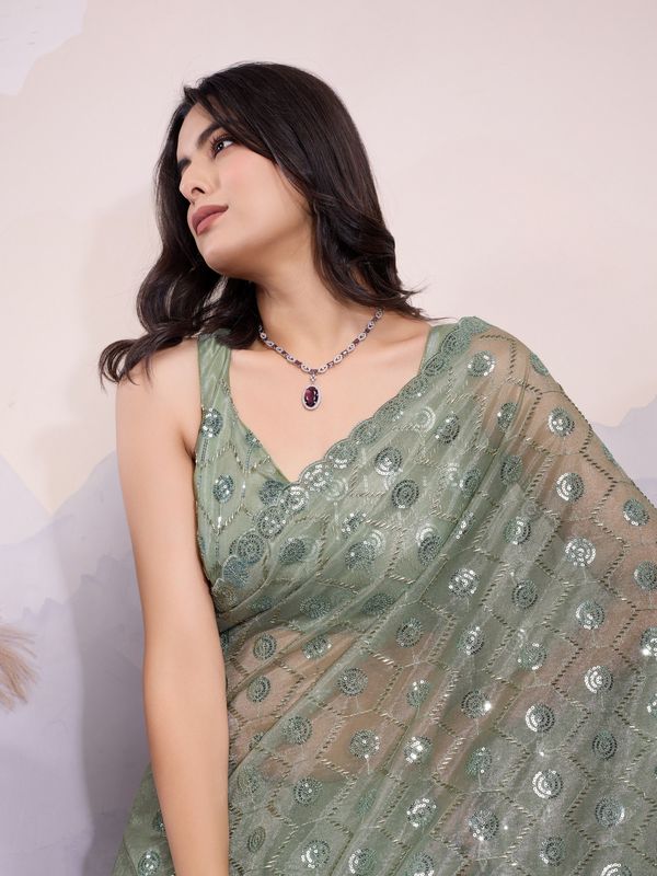 Green Twill Net Designer Sequins Embroidery Work Glamorous Partywear Saree