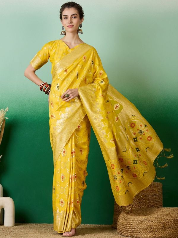 Yellow Wevon Jacquard Designer Staple Dola Cotton Saree