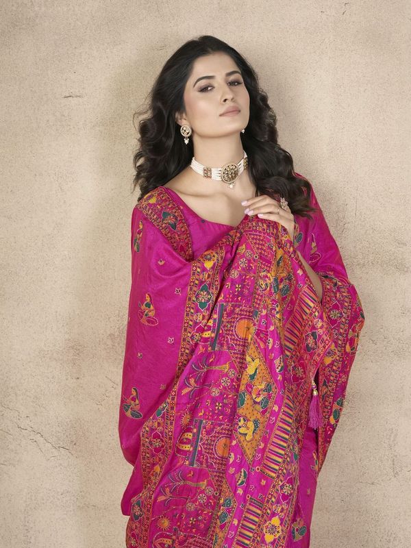 Magenta Wevon Thread & Jari Designer & Hand Work Pashmina Silk Saree