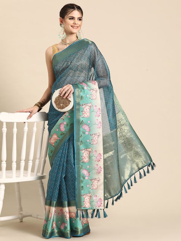 Teal Kanjivaram Silk Pichwai Digital Printed Zari Woven Saree