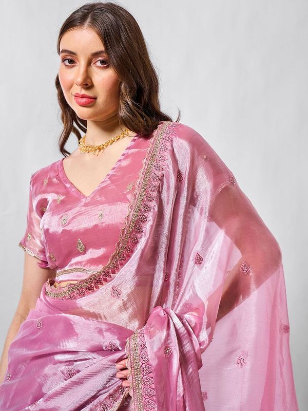 Pink Color Burburry Fabric Bollywood Style Designer Embroidery Work Evening Party Saree