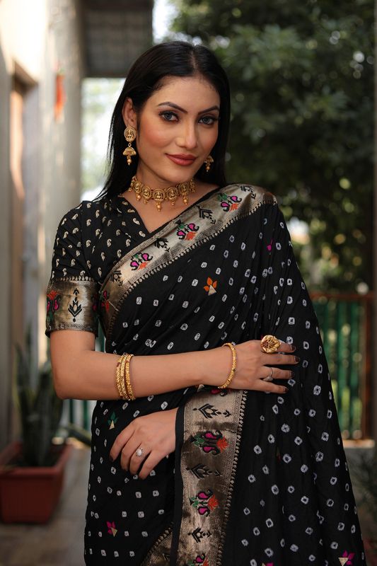 Black Dola Silk Wevon Paithani Designer Saree With Festive Bandhej Print